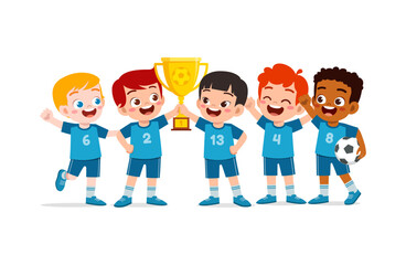 little kid and his friends win soccer and holding trophy