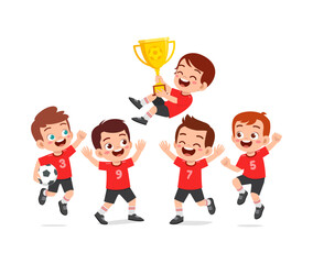 little kid and his friends win soccer and holding trophy