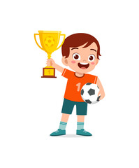 little kid win soccer competition and holding trophy