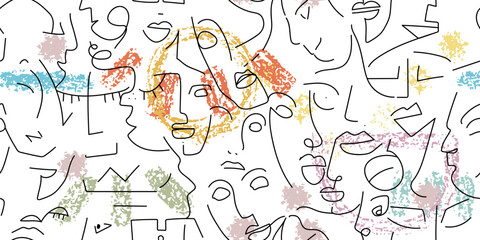One line drawing. Abstract face seamless pattern.