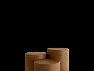 Cosmetic wood podium isolated in black background. Template for product presentation. 3d rendering