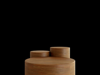 Cosmetic wood podium isolated in black background. Template for product presentation. 3d rendering