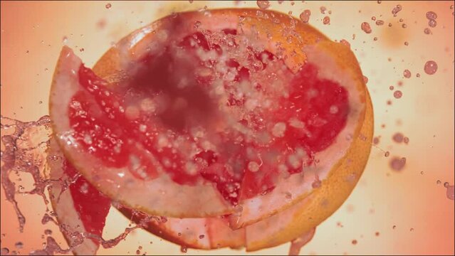 Super Slow Motion of Explosion Grapefruit and Burst Juice and Slices