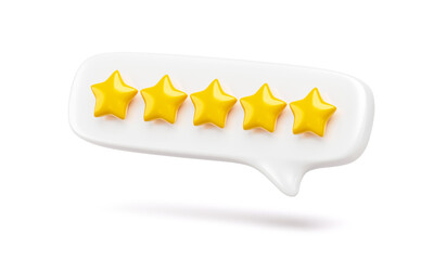 Rating five star review best quality sign isolated on white 3d background of success ranking rate bubble message symbol or customer experience feedback icon and excellent product service rank concept.
