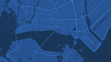 Dark blue Shantou city area vector background map, roads and water illustration. Widescreen proportion, digital flat design.