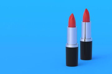 Two lipsticks. Cosmetic accessories. Make-up tools. Copy space. 3d render
