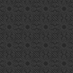 Black seamless pattern, monochrome arabesque ornate arabic dark black background