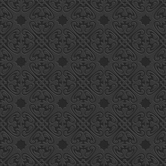 Black seamless pattern, monochrome arabesque ornate arabic dark black background