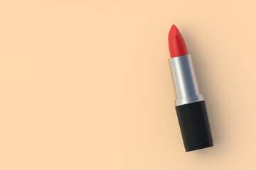 Sexy red lipstick. Cosmetic accessories. Make-up tools. Top view. Copy space. 3d render