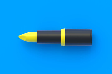 Yellow lipstick on blue background. Cosmetic accessories. Make-up tools. Top view. 3d render