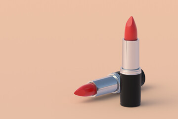 Luxury lipsticks on beige background. Cosmetic accessories. Make-up tools. Copy space. 3d render