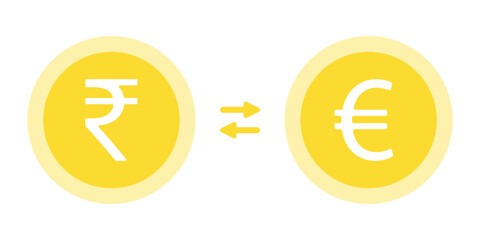 INR to EURO exchange currency icon in flat style design for website, app, UI, isolated on white background. Indian Rupee to European Euro exchange currency. Vector illustration.