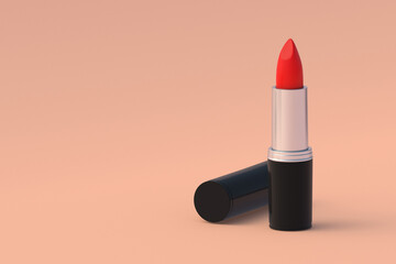 Luxury lipstick on beige background. Cosmetic accessories. Make-up tools. Copy space. 3d render