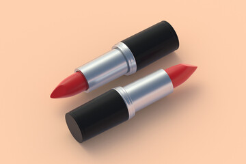 Modern lipsticks on beige background. Cosmetic accessories. Make-up tools. 3d render