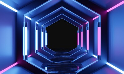 3d render abstract background image neon lights are glowing blue and pink.