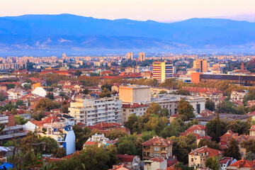 Fototapeta premium Sunrise panorama of Plovdiv city, Bulgaria