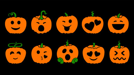 Set of Halloween carving pumpkins. Emoji icons. Emotional smiles of funny vegetables. Isolated. Carved pumpkin. Vector illustration.