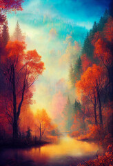 Naklejka na ściany i meble beautiful natural landscape in autumn 3d illustration