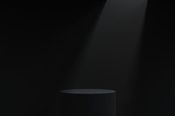 3d dark podium product platform mockup on minimal black background. Natural showcase display concept scene with shadow overlay backdrop 3d rendered illustration