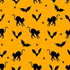 Halloween seamless background. Cat, bat and spider. Cute illustrations. Background texture.