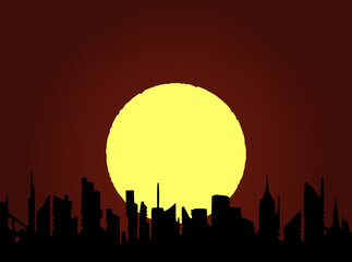 City panorama, skyscrapers silhouettes at sunset, big yellow sun disk, hand drawn vector