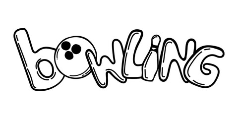 Hand-drawn bowling lettering . Bowling ball and pins stylized as letters. Skittles. Sport. Game. Strike, win. Vector simple illustration.