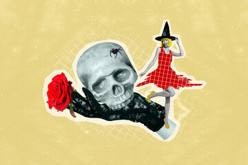 Photo artwork minimal picture of arm holding red rose scary scull mini witch isolated drawing background
