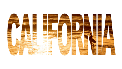 Word California with a surfer at sunset on a beach isolated on transparent background