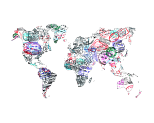 World map created with passport stamps, isolated on transparent background, travel concept