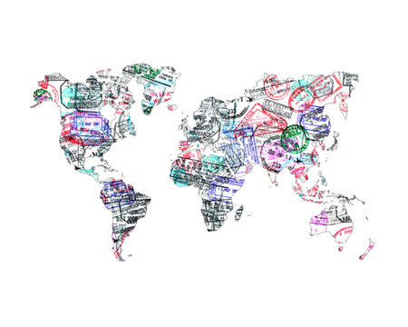 World map created with passport stamps, isolated on transparent background, travel concept