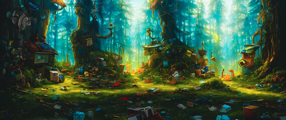 Artistic concept painting of a garbage in the forest , background 3d illustration.