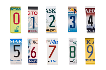 Numbers set created with broken pieces of vintage car license plates isolated on transparent background
