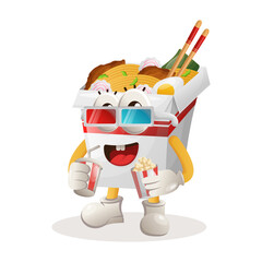 Cute ramen mascot watching movie with holding soda and popcorn