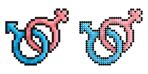 Pixel icon. Male and female gender symbols connected together. Strong union of man and woman. Simple retro game vector isolated on white background