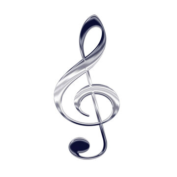 Silver 3D treble key isolated on transparent background, music symbol