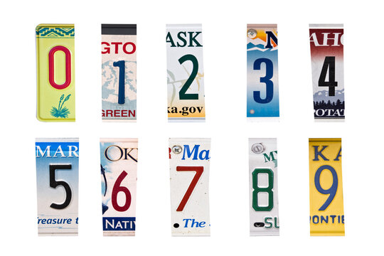 Numbers set created with broken pieces of vintage car license plates isolated on transparent background