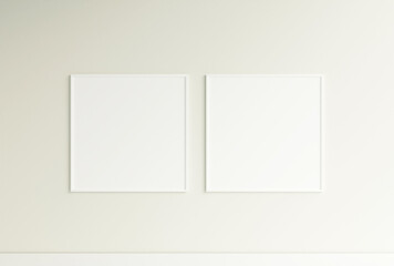 Clean and minimalist front view square white photo or poster frame mockup hanging on the wall. 3d rendering.