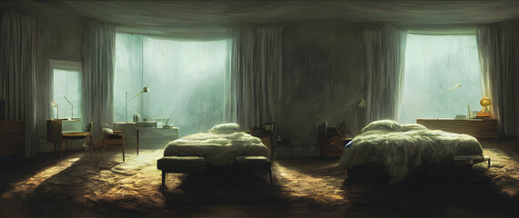 Artistic concept painting of a beautiful bed room interior, background illustration.3d illustration.