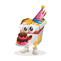 Cute ramen mascot wearing a birthday hat, holding birthday cake