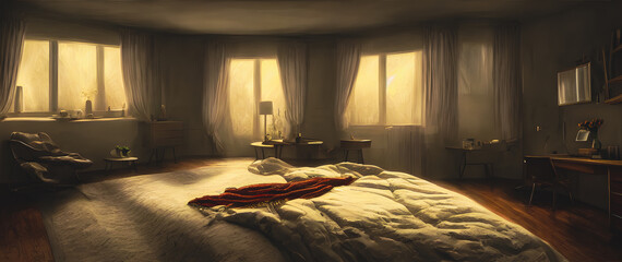 Fototapeta na wymiar Artistic concept painting of a beautiful bed room interior, background illustration.3d illustration.