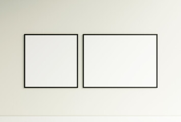 Clean and minimalist front view black photo or poster frame mockup hanging on the wall. 3d rendering.