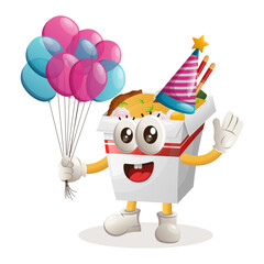 Cute ramen mascot wearing a birthday hat, holding balloons