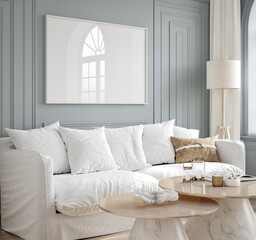 Obraz premium Frame mockup in classic blue interior background, 3d render