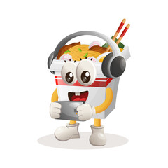 Cute ramen mascot playing game mobile, wearing headphones