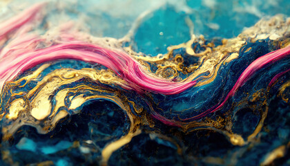 Abstract luxury marble background. Modern digital painting. Gold, pink and blue colors. 3d illustration