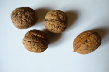 Close view of four ripe brown rounded wrinkly fruits of Persian walnut