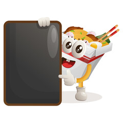 Cute ramen mascot holding menu black Board, menu board, sign board