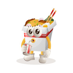 Cute ramen mascot drinking soda, cola