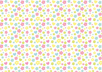 Pattern flowers and hearts, Girly, Pink, yellow, blue and green
