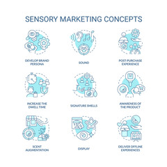 Sensory marketing turquoise concept icons set. Appealing to customer senses idea thin line color illustrations. Branding. Isolated symbols. Editable stroke. Roboto-Medium, Myriad Pro-Bold fonts used